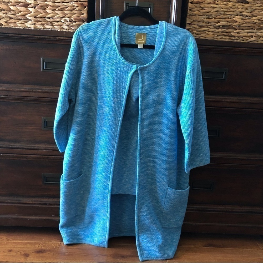 Vintage Damask blue heather stretch cotton knit sweater coat in size L